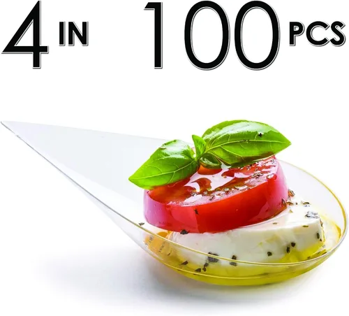 Vista 12 de DLux 100 mini platos para aperitivos en forma de lágrima de 4 pulgadas, cucharas de plástico transparente reutilizables - platos para postres