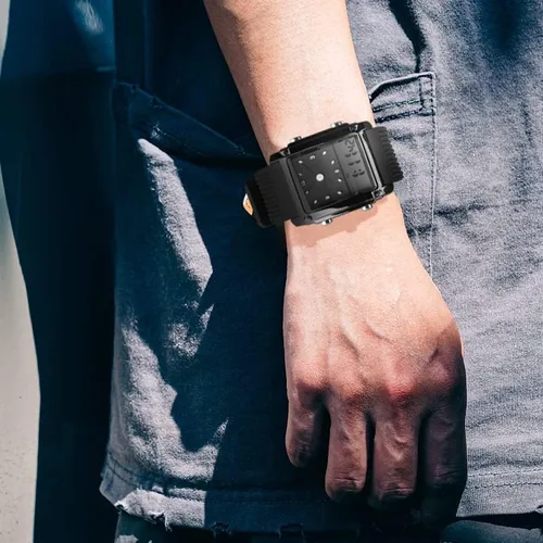 Vista 7 de FANMIS Reloj de pulsera digital analógico con esfera rectangular impermeable para hombre, con cinco retroiluminación LED, color negro, Negro