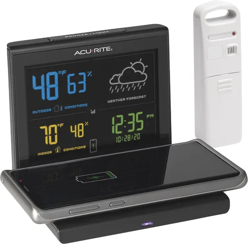 Vista 2 de AcuRite Pronosticador de tiempo con almohadilla de carga inalámbrica, reloj despertador con temperatura y humedad interior/exterior y calendario