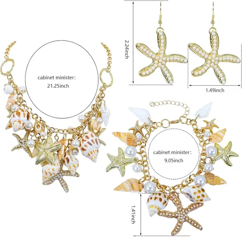 Vista 3 de Halawly Gargantilla de concha de cola de sirena, collar de moda con diseño de concha de mar y estrella de mar de perlas de imitación, collar grueso