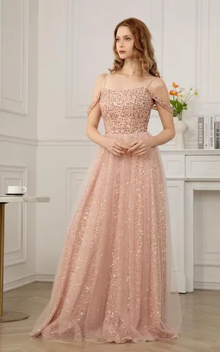 Vista 5 de Yexinbridal Vestidos de fiesta de lentejuelas con hombros descubiertos, vestido largo de tul con purpurina, vestido de fiesta de boda formal