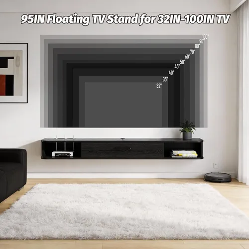 Vista 4 de Unidad de TV flotante, armario de TV montado en la pared de 47 pulgadas, estantes flotantes con puerta, centro de consola multimedia