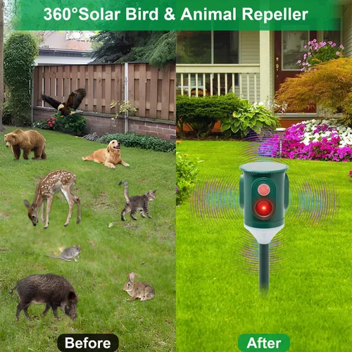 Vista 2 de Repelente solar ultrasónico de animales para exteriores, disuasorio de plagas activado por movimiento de 360° con luz estroboscópica, protección