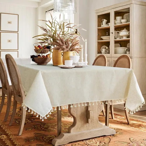 Vista 9 de Mantel rectangular de lino beige crema para comedor y cocina, mantel rectangular de arpillera de lino con borlas, resistente, rústico, campestre