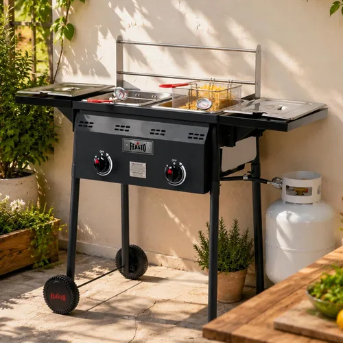 Vista 9 de Freidora profunda al aire libre de propano Feasto, tanque doble con quemadores independientes dobles de hierro fundido y termómetros, olla