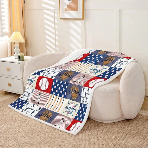 Vista 3 de Manfei Manta a cuadros con temática deportiva de béisbol para niños, adolescentes, decoración de habitación, guantes de bate de béisbol, manta