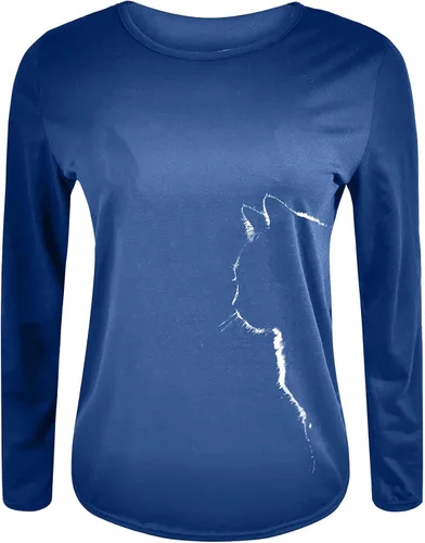 Vista 5 de Blusa de manga larga para mujer, para otoño e invierno, holgada, con estampado de gato, para otoño, Azul