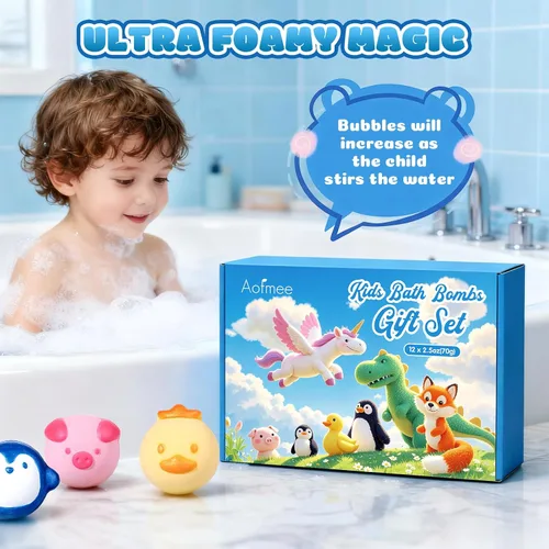 Vista 6 de Aofmee Bombas de baño para niños, 12 bombas de baño para niños con aceite esencial, 6 formas de animales y aroma afrutado, juego de regalo de spa