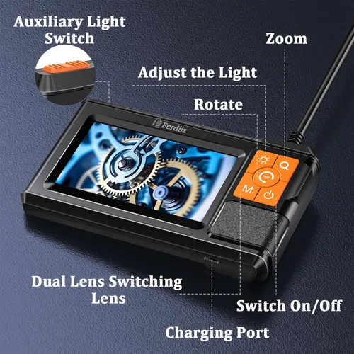 Vista 8 de Endoscopio de doble lente con luz, cámara endoscopio con luz con pantalla IPS de 4.3 pulgadas, HD 1920P con 8 luces LED, cable semirrígido de 16.4