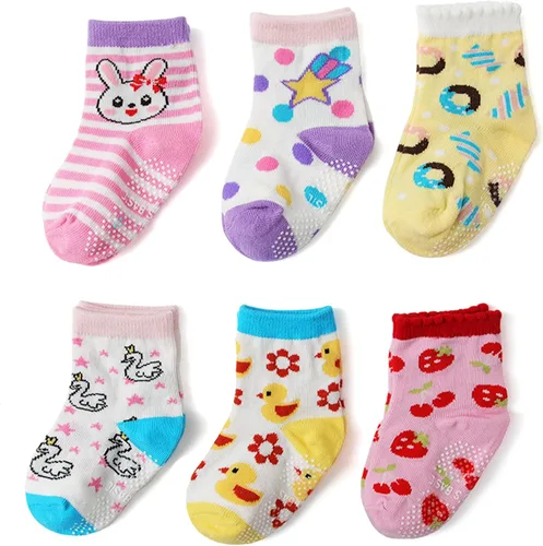 Vista 8 de Fly love Paquete de 12 calcetines antideslizantes para bebés y niñas pequeñas, con suela de algodón