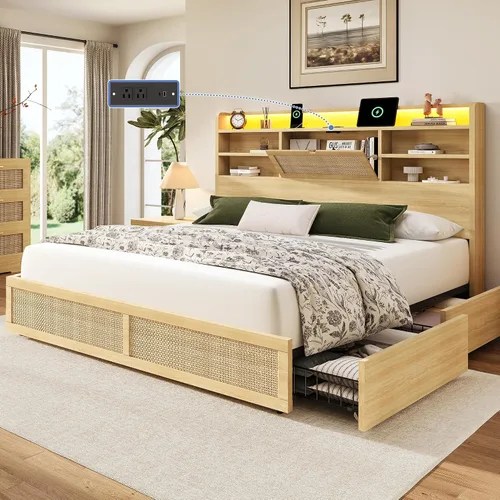 Vista 10 de BRELTAM Marco de cama de ratán tamaño Queen con 4 cajones de almacenamiento y cabecera de almacenamiento oculto, marco de cama de plataforma
