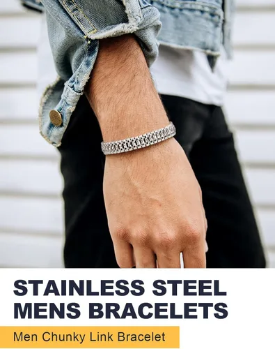 Vista 9 de U7 Link Bracelets for Men, Stainless SteelBlackGold Plated Cuban Link Chain Bracelets, Unisex Chunky Bracelets, Xmas Fathers Day Jewelry for Him