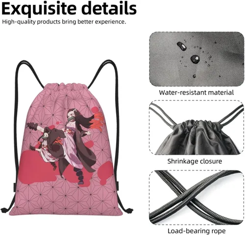 Vista 5 de Anime Kamado Nez-Uko Mochila con cordón para mujeres y hombres Deportes Gym String Sackpack impermeable bolsa de viaje con cordón, Negro -, Classic