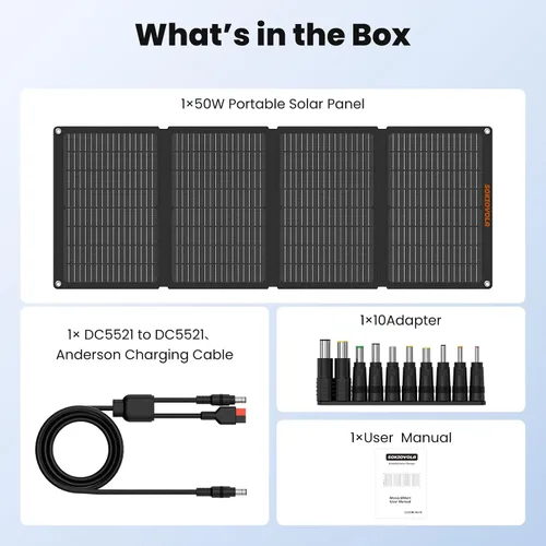 Vista 9 de Paneles solares portátiles de 50 W, cargador de panel solar plegable IP68 impermeable con puertos USB-A y USB-C, salida de 18 V CC para pequeña