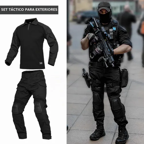 Vista 6 de YEVHEV Conjunto de ropa militar de combate G3, ropa táctica de camuflaje, uniforme de caza, equipo de paintball con rodilleras para hombres Negro