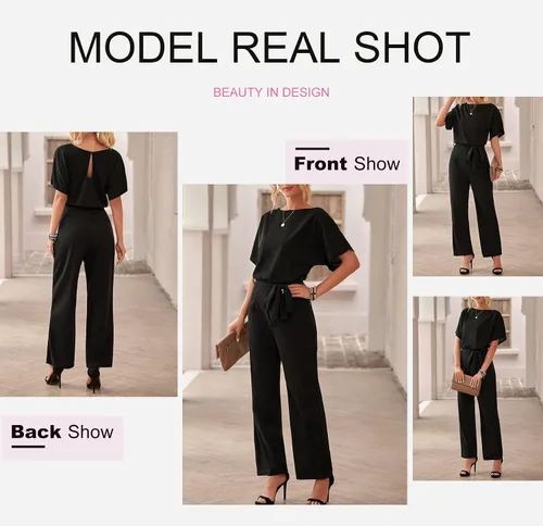 Vista 4 de Dokotoo Jumpsuits for Women Casual Loose Batwing Sleeve Dressy Crewneck Rompers Long Pants Belted Wide Leg Overall