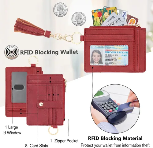 Vista 2 de Cartera llavero pulsera para mujer, delgado RFID tarjeta de crédito, monedero, borla llavero brazalete para hombres y mujeres, Carmesí, Rfid