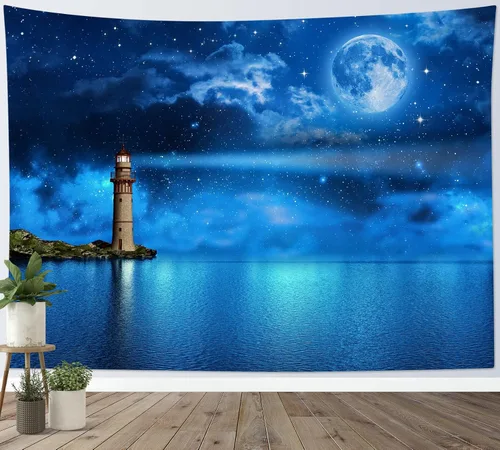 Vista 3 de HVEST Tapiz de luna y cielo nocturno para colgar en la pared, luna llena y galaxia estrellada con faro sobre el océano, tapiz colgante de pared