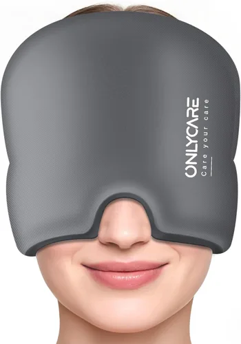Vista 9 de ONLYCARE Gorro de alivio para migraña, máscara calmante para migraña, envoltura de gel de hielo para cabeza sin olor mejorada, terapia de frío