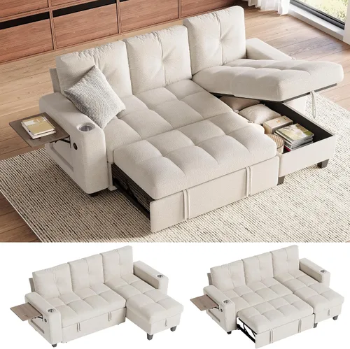 Vista 16 de LINSY HOME Modular Sectional Sofa Bed, Chenille Pull Out Couch 2 Seat Beige