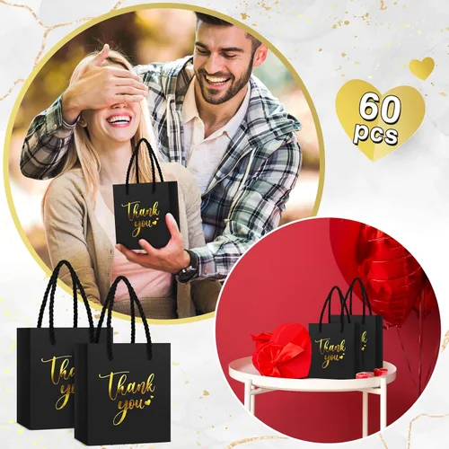 Vista 5 de Honoson - 60 mini bolsas de regalo de agradecimiento con asa a granel de 4 x 2.75 x 4.5 pulgadas, pequeña bolsa de papel de aluminio para envolver