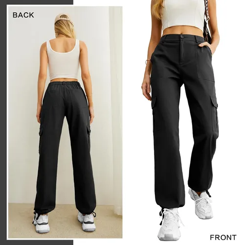 Vista 5 de Pantalones cargo de cintura alta para mujer, pantalones de viaje Y2K Streetwear holgados elásticos con 6 bolsillos con cordón en los tobillos