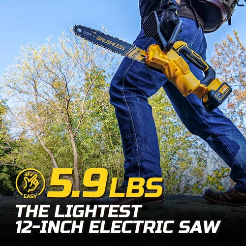 Vista 4 de Motosierra sin escobillas de 12 pulgadas, sierra inalámbrica con batería y cargador, 5.9 libras súper ligera y compacta, engrasador automático