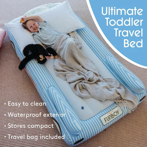 Vista 4 de FUNBOY Cama de viaje infantil azul inflable y colchón. Perfecta para fiestas de pijamas. Incluye bolsa de almacenamiento y transporte, individual