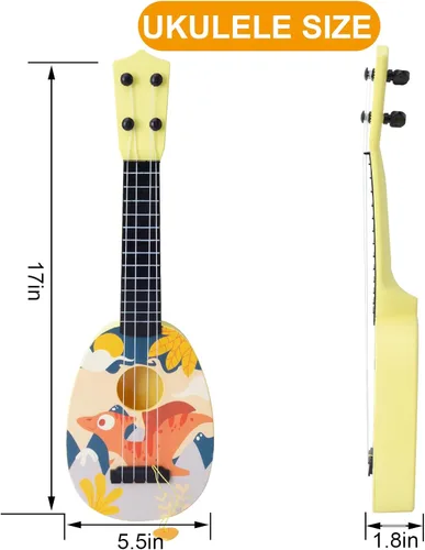 Vista 3 de YOLOPLUS+ Ukelele de juguete para niños, juguete musical de guitarra para niños, 4 cuerdas de acero de 17 pulgadas, con púa, juego educativo