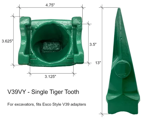 Vista 3 de Cubo de excavadora solo diente de roca de tigre con pin, compatible con ESCO Super V39 Series - V39VY (1)