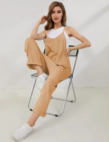 Vista 9 de Lentta - Enterizo casual para mujer con cuello en V sin mangas tipo harem con tirantes elásticos ajustables y bolsillos