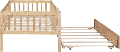 Vista 5 de Sofá cama individual con nido, marco de cama infantil de madera tamaño individual con valla, cama nido individual para niñas, niños, cama de Natural