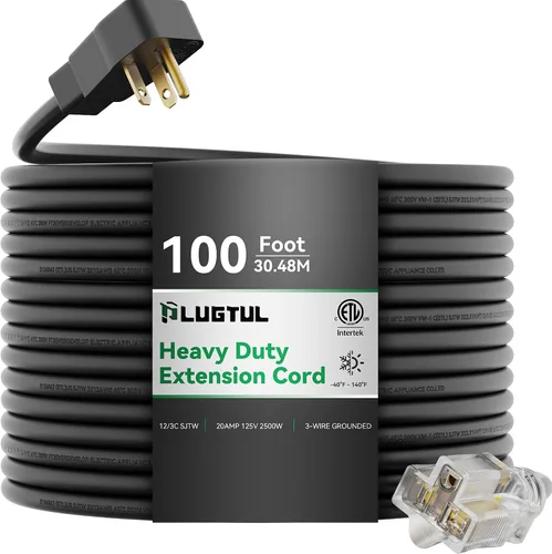 Vista 9 de PLUGTUL Cable de extensión de 20 amperios de 50 pies Cable de extensión resistente NEMA 5-20, extremo iluminado, calibre 12, SJTW, 20AMP 125V