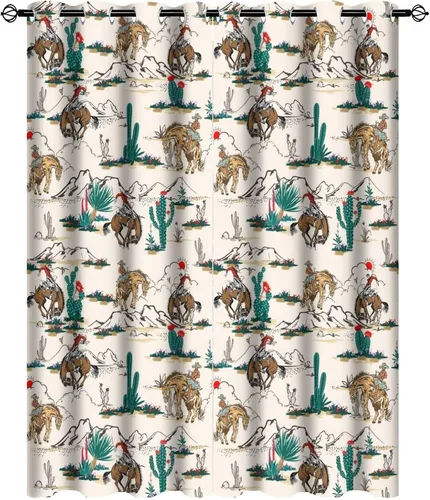 Vista 44 de Cortinas opacas retro de vaquero occidental para dormitorio, estilo rústico, cactus, salvaje oeste, vaquero, paseo, caballo, con ojales, aislamiento