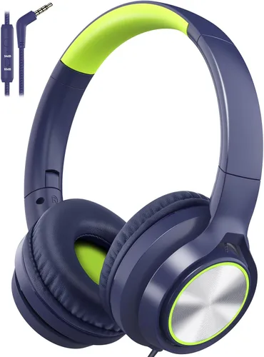 Vista 10 de Voopwink Auriculares para niños con micrófono, auriculares con cable sobre la oreja con volumen limitado de 85 dB/ 94 dB para niños, niñas Negro-Azul