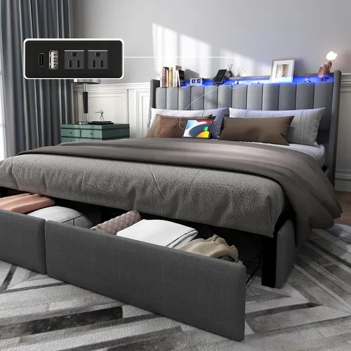 Vista 17 de UINTAI Marco de cama tamaño completo con cabecero y 4 cajones de almacenamiento, cama de plataforma metálica tapizada con respaldo abatido y luces