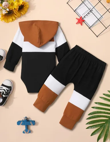 Vista 8 de Ropa de bebé niño de manga larga, sudadera con capucha con estampado de letras + pantalones de retazos, 2 piezas, trajes de otoño e invierno