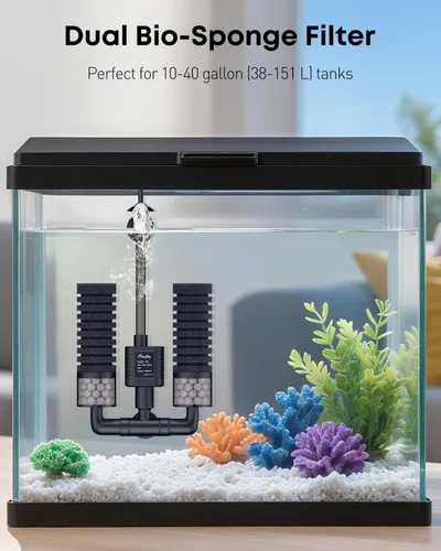 Vista 3 de Pawfly Filtro de esponja para acuario, filtro de tanque de peces de 70 GPH, filtro sumergible de 3 W para acuario pequeño con bomba de agua, espumas