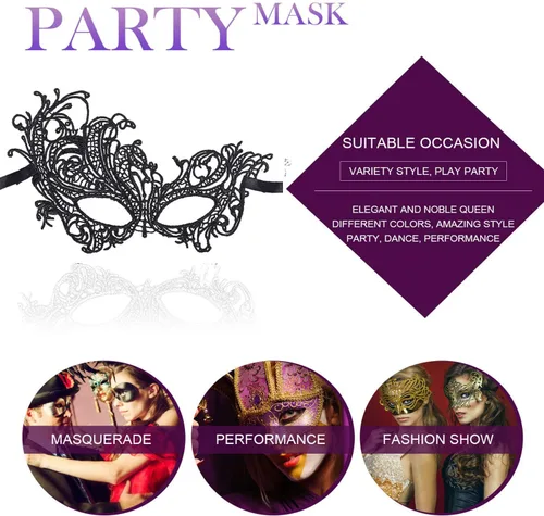 Vista 5 de TreatMe Máscara de mascarada Máscara veneciana para mujer, bonita y elegante, de encaje, para Halloween, fiesta de Mardi Gras (negro B)