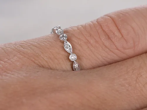 Vista 6 de Anillo de boda de diamantes de eternidad completa, oro blanco de 14 quilates, aniversario, anillo infinito, art déco, anillo a juego