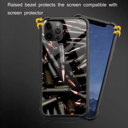 Vista 3 de ZHEGAILIAN Funda para iPhone 13, parte trasera de vidrio templado + funda protectora de TPU de silicona suave con diseño de munición