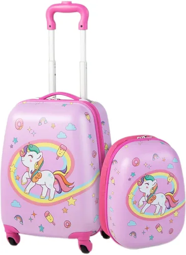 Vista 16 de GYMAX Juego de equipaje de mano para niños, maleta con ruedas de 12 y 16 pulgadas, 2 piezas Pony Corona