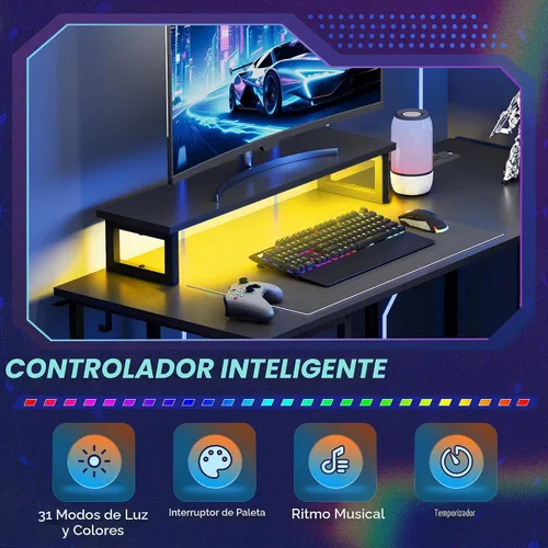 Vista 5 de DEVAISE Escritorio para juegos en forma de L de 48 pulgadas con cajones y almacenamiento, escritorio de esquina con luces LED, tomas de corriente