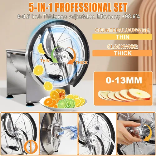 Vista 6 de 5.0 Rebanadora manual comercial de verduras, [cuchillas Japón SUS 304] Grosor ajustable 0.008-0.512 in Acero inoxidable Limón Cortador con 2*