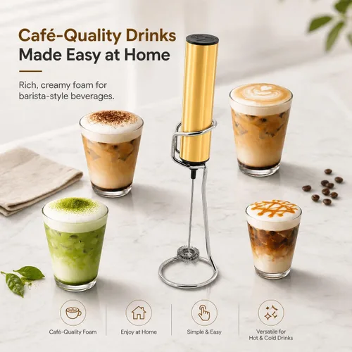 Vista 2 de Espumador de leche recargable con soporte, fabricante de espuma de batidor eléctrico, potente mezclador de bebidas USB C de 2 velocidades para café