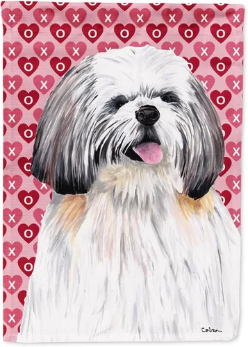 Vista 251 de Caroline's Treasures SS4484GF Bandera de jardín con diseño de bulldog inglés y corazones para el Día de San Valentín, bandera decorativa para patio