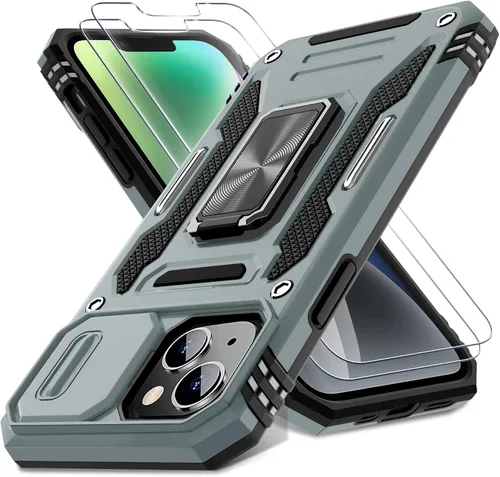 Vista 15 de DEERLAMN Funda para iPhone 13/iPhone 14 de 6.1 pulgadas con cubierta deslizante para cámara + protector de pantalla (2 paquetes), soporte de anillo