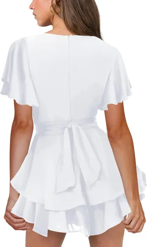 Vista 3 de Vestido sexy de manga corta con cuello en V para mujer, con lazo en la cintura, dobladillo con volantes, acampanado, mini vestidos de patinadora