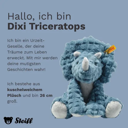 Vista 2 de Steiff Dixi Triceratops - Juguete de peluche de dinosaurio de peluche, color azul, 11 pulgadas
