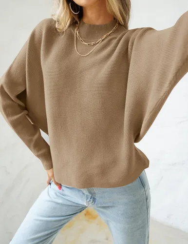 Vista 2 de ZESICA Suéter de manga larga de murciélago para mujer, de punto acanalado, casual, suave, para otoño